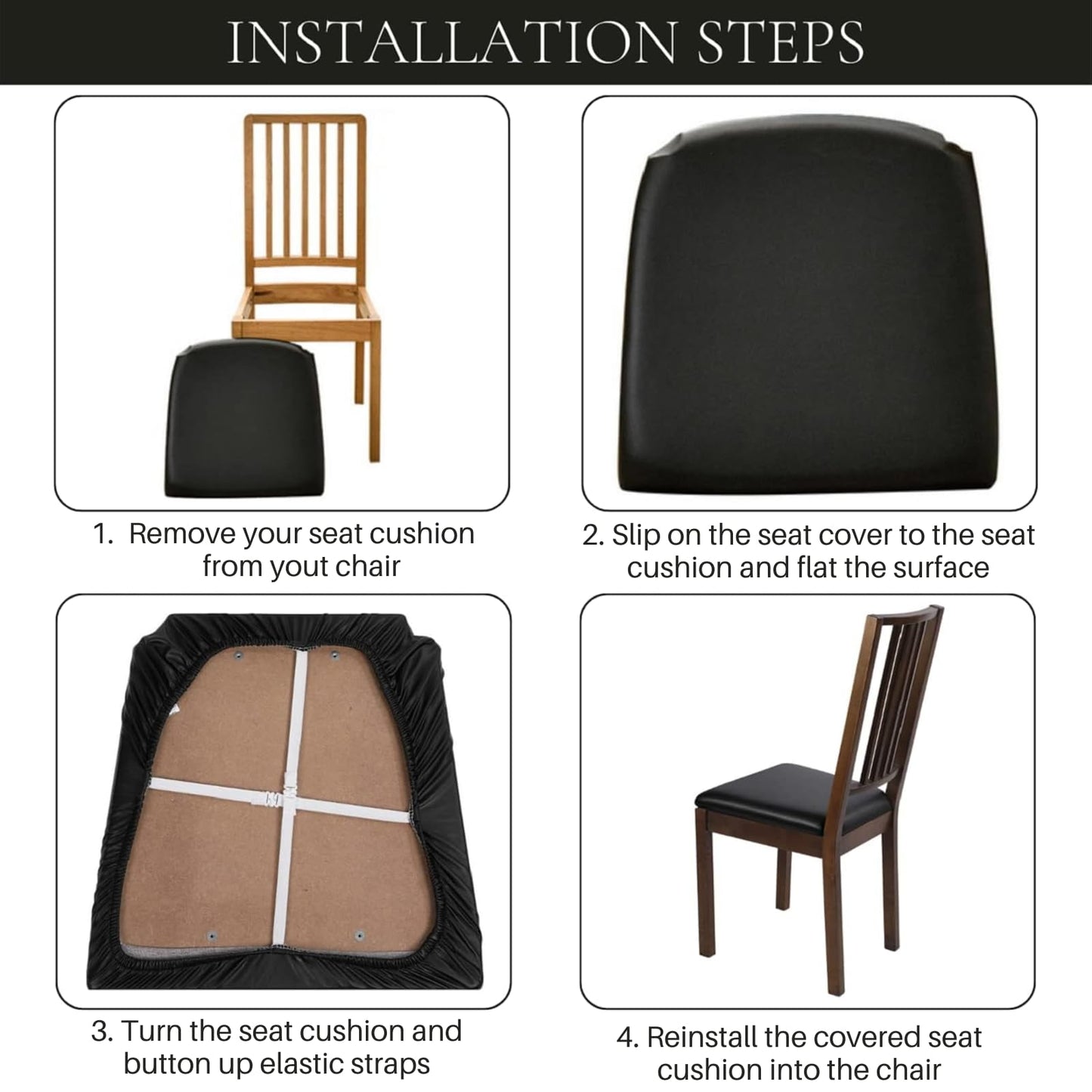 SearchI Waterproof PU Leather Seat Covers for Dining Chairs, 6 Pack Stretch Dining Room Chair Seat Covers, Kitchen Chair Seat Covers Protectors (Black)