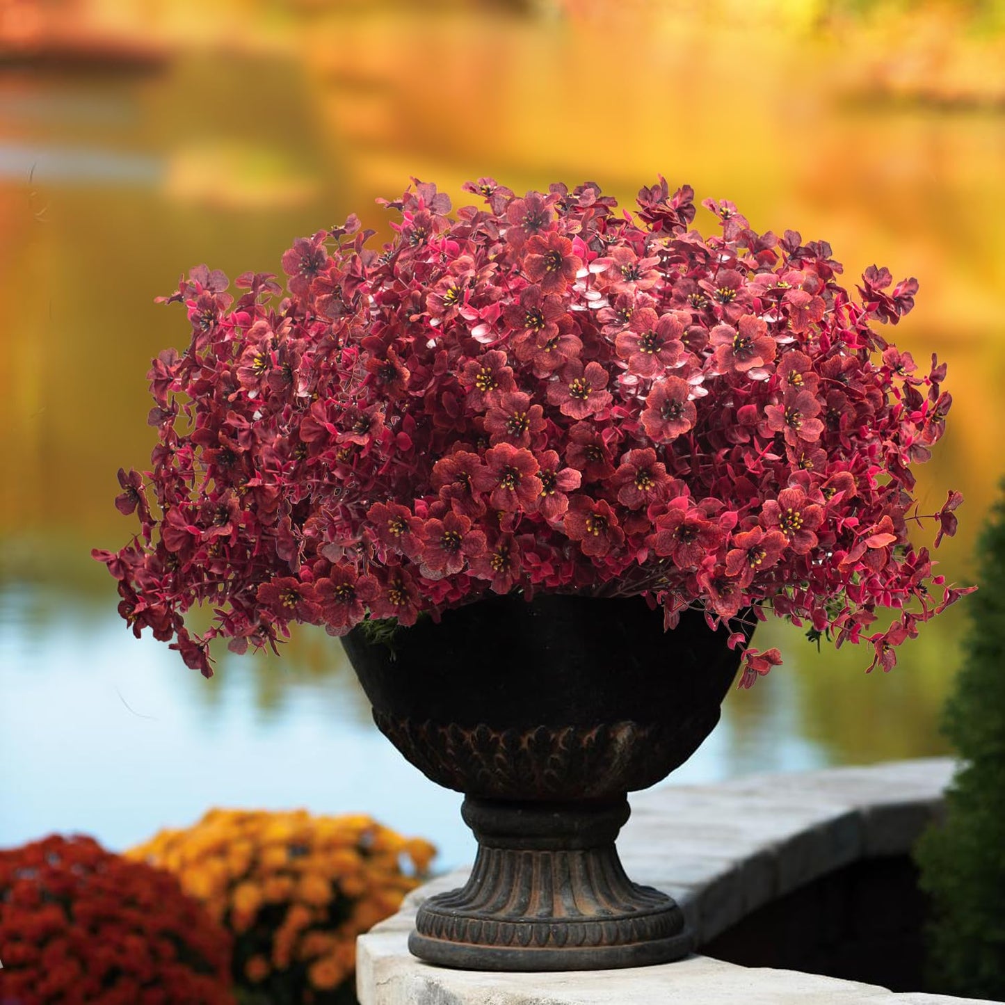 16 Bundles Artificial Boxwood Flowers Outdoor UV Resistant, 13.5" Fall Faux Greenery for Porch Planters Thanksgiving Decor - Fake Plants for Garden, Fireplace, Front Door(Wine Red)