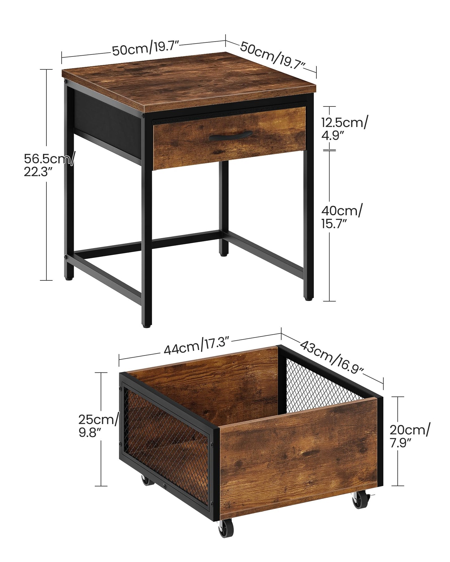 CHOEZON End Table, 19.7 Inch Square Side Table, Mini Fridge Stand with Storage, Nightstand with Mobile Basket Cart, for Living Room, Bedroom, Rustic Brown and Black TBZ55BF