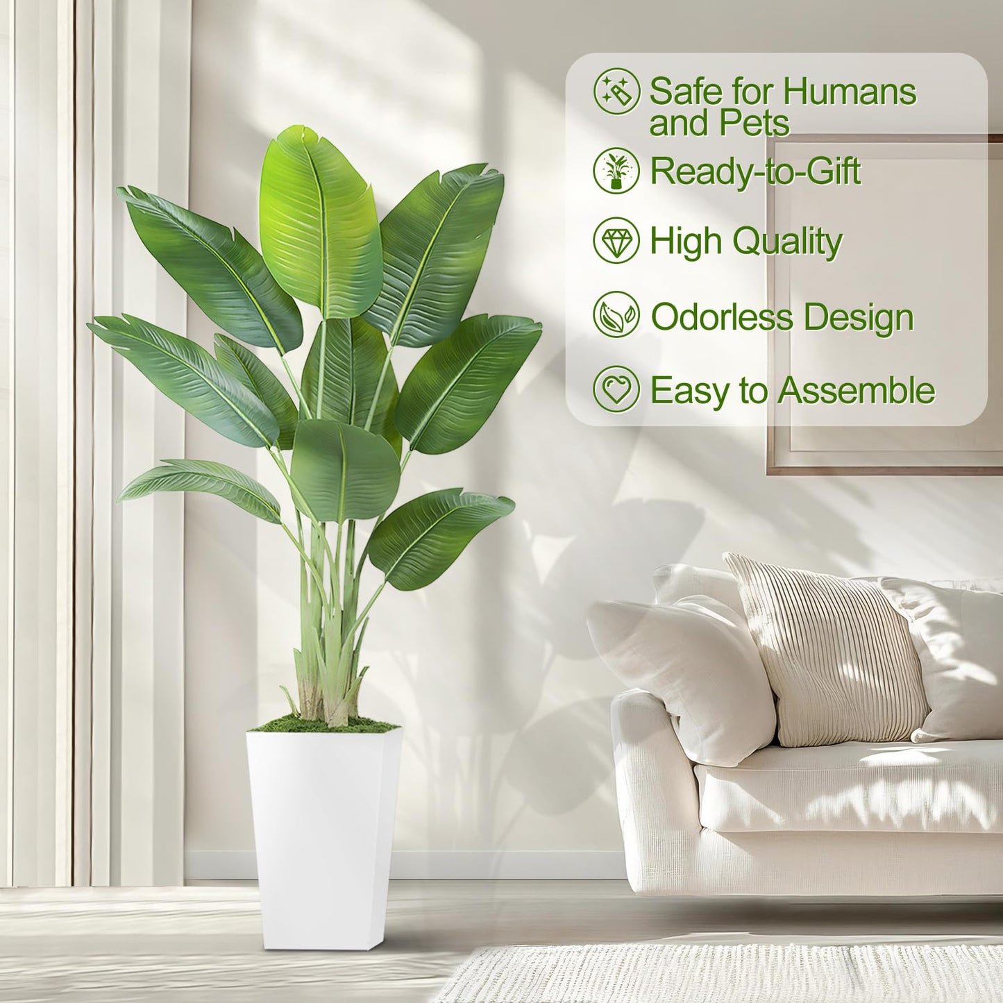 Lifelike Bird of Paradise Artificial Plant 6ft Faux Banana Leaf Tree with White Tall Planter for Home Decor - Perfect Indoor Silk Floor Plant for Living Room, Office, and Bedroom Ambiance Enhancement