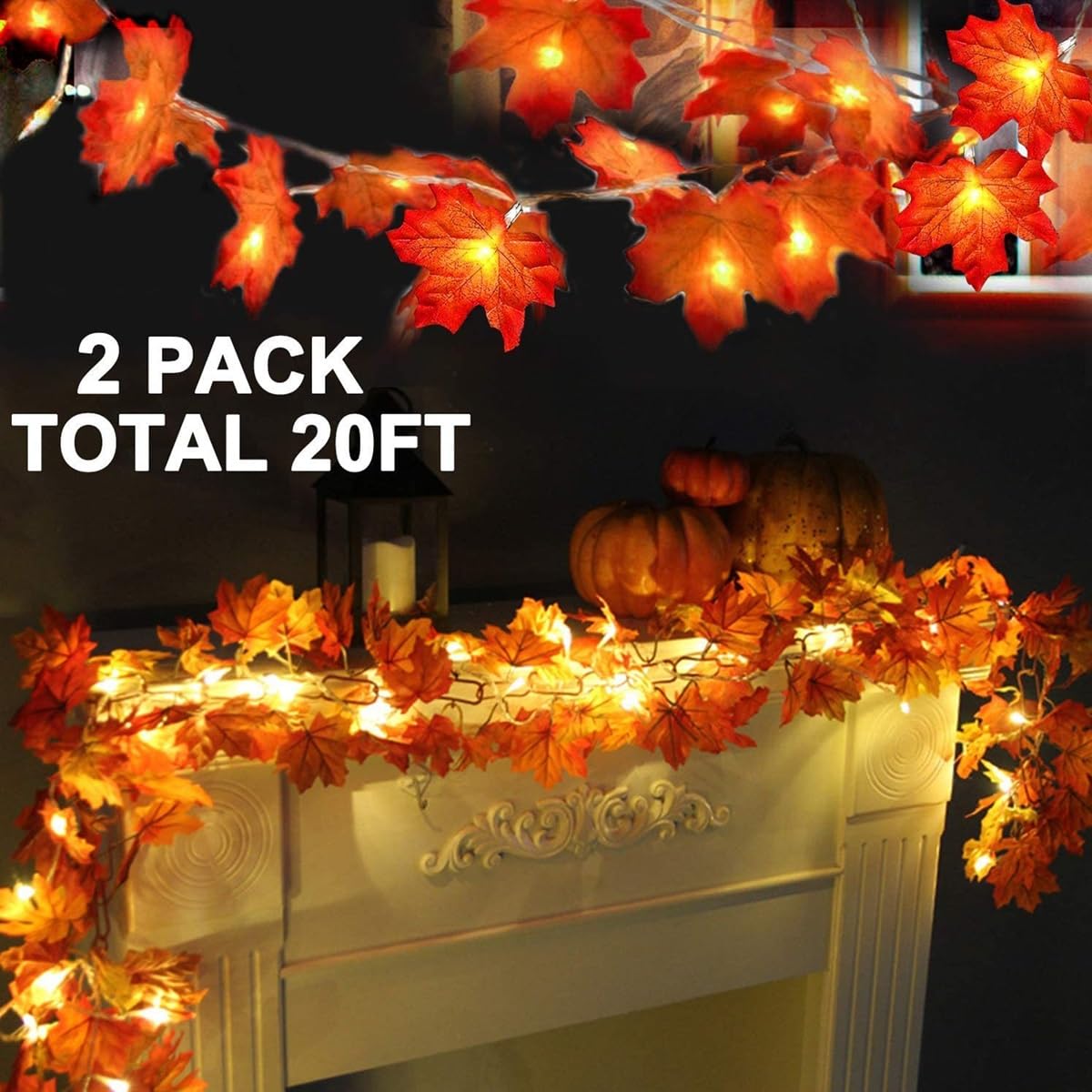 TURNMEON 2 Pack Fall Decor Enlarged Maples Leafed Fall Decorations for Home Fall Lights Thick Leafs Garlands, Total 20Ft 40LED Battery Operated Waterproof Thanksgiving Halloween Decor Indoor Outdoor