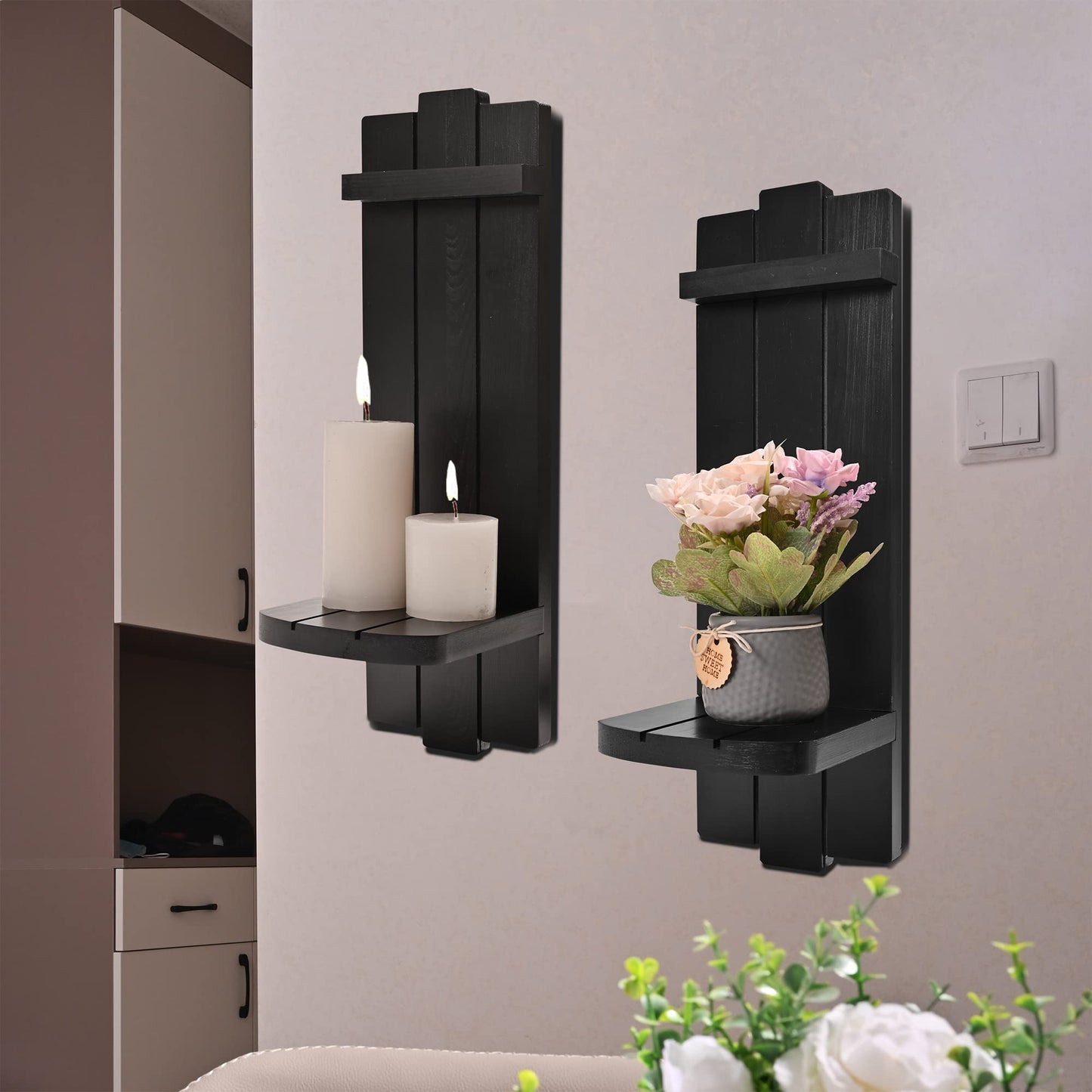 Yorkmills Sconces Wall Decor Set of 2, Large Wall Candle Holder Rustic Farmhouse Decor, Home Wall Art Floating Candle Sconce Shelf Black Wall Decoration for Living Room, Dining Room, Bedroom, Bathroom