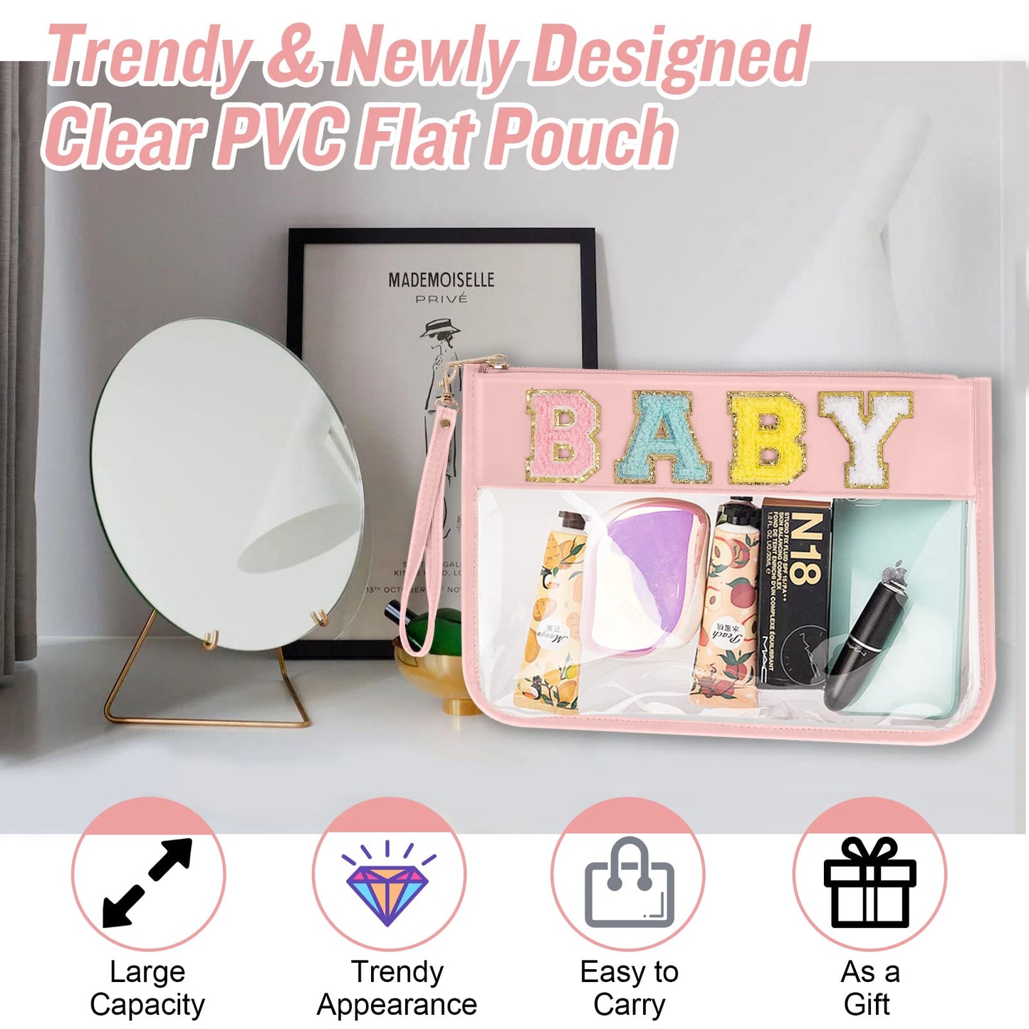 izuzta Chenille Letter Clear Bag Baby Purse Pouch, Monogram PVC & PU Clear Zipper Pouch with Wristlet, Waterproof Portable Glitter Snacks Makeup Beach Pouch Toiletry Bag for Women Girls (BABY-Pink)