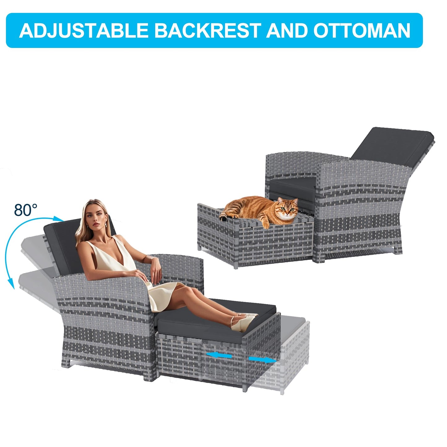 CIRMUBUY 5 Piece Outdoor Patio Furniture Set, Wicker Patio Conversation Set, Outdoor Lounge Chair with Ottomans and Coffee Table for Balcony Lawn Garden (Grey)