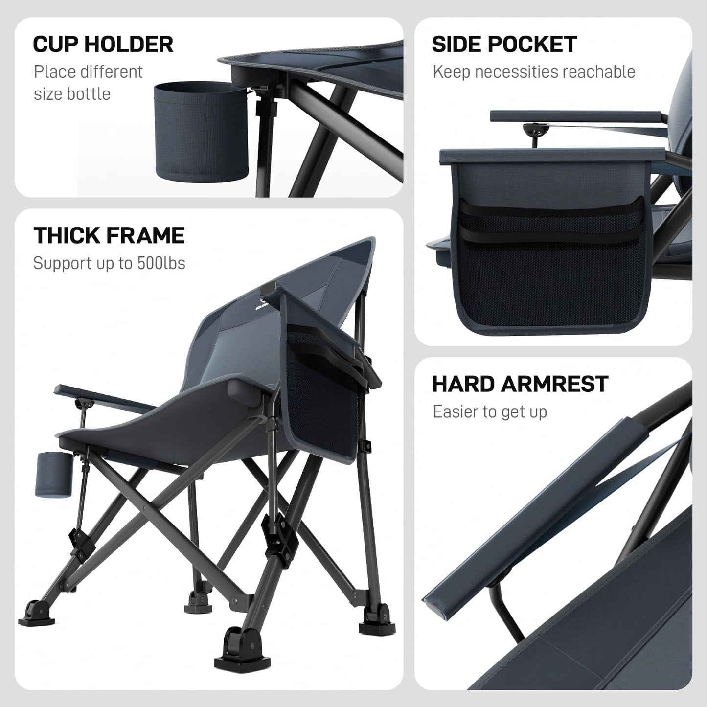 EVER ADVANCED Oversized Folding Camping Chair for Adults with Adjustable Lumbar Support, Heavy Duty Chair with Side Pockets, Portable Collapsible Quad Chair for Outside, Support Up to 500lbs,Grey