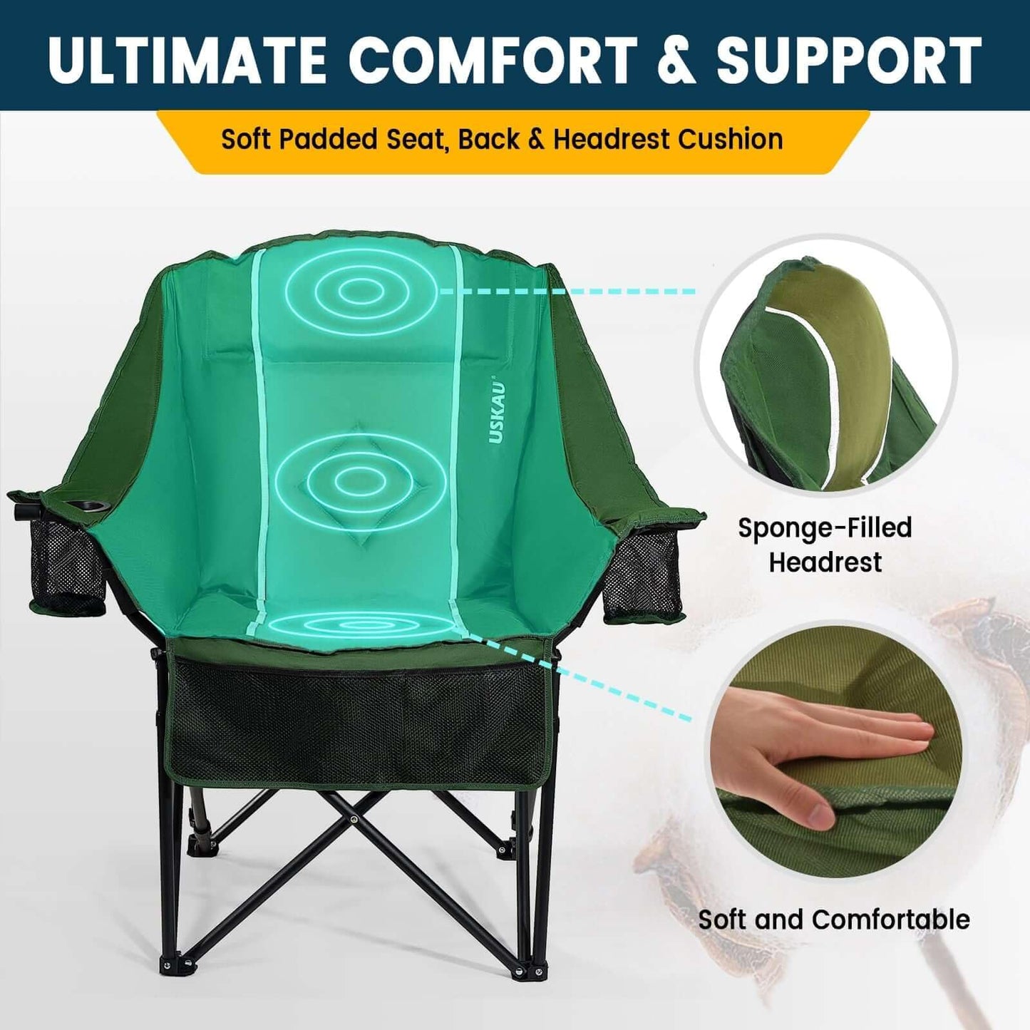 USKAU Oversized Camping Chair for Large Adults Heavy Duty 400 lbs Capacity, Comfortable Padded Folding Lawn Chair with Back & Headrest Support and Cup Holder, Portable Outdoor Chair with Carry Bag