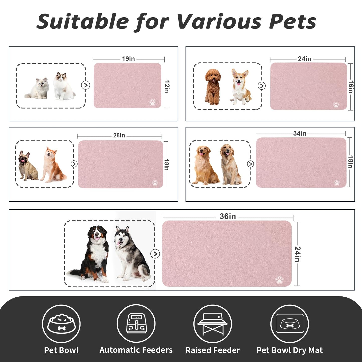 HotLive Pet Feeding Mat - Absorbent Dog Mat for Food and Water, No Stains Cat Bowl Mat, Easy to Clean Pet Placemats, Quick Dry Dog Water Dispenser Mat for Messy Drinkers | Pink 16"x 24"