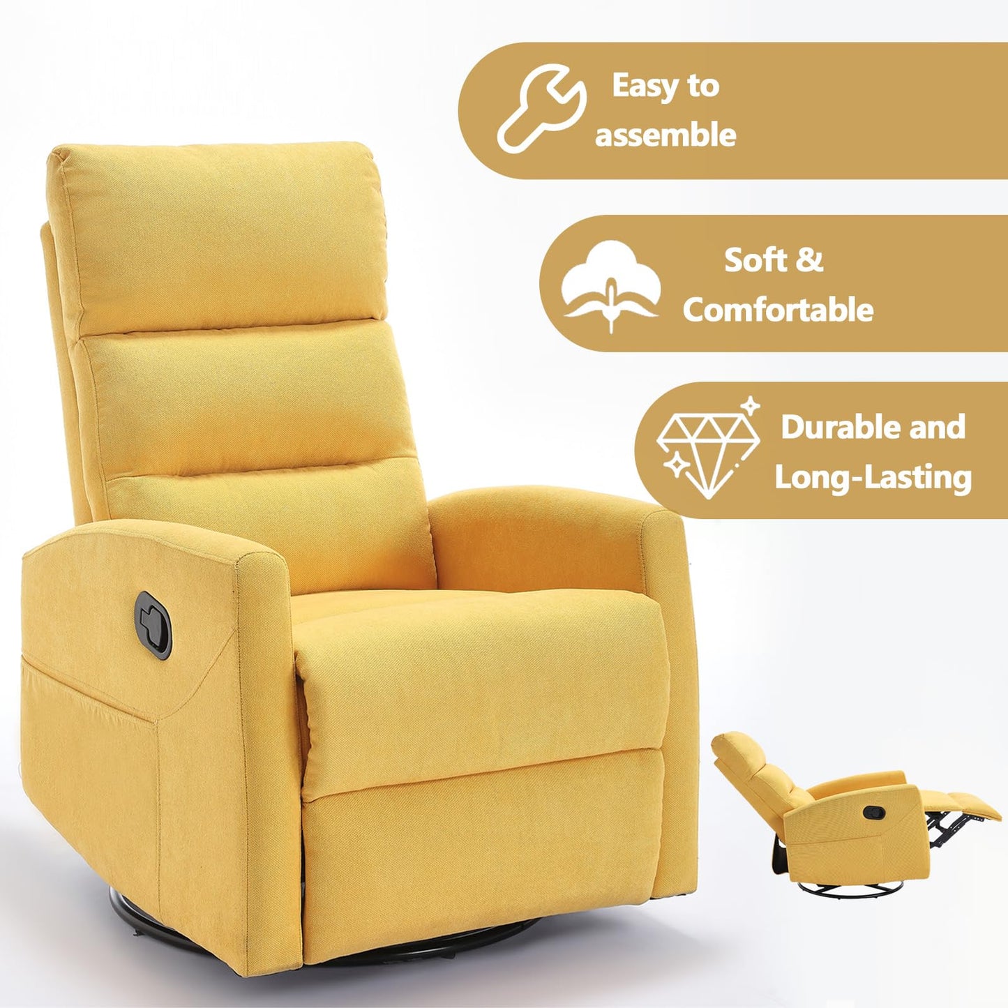 360° Swivel Recliner Chair for Adults, Upholstered Glider Rocking Chair Nursery with Adjustable Backrest & Footrest, Small Recliners for Small Spaces Living Room Bedroom (Yellow)