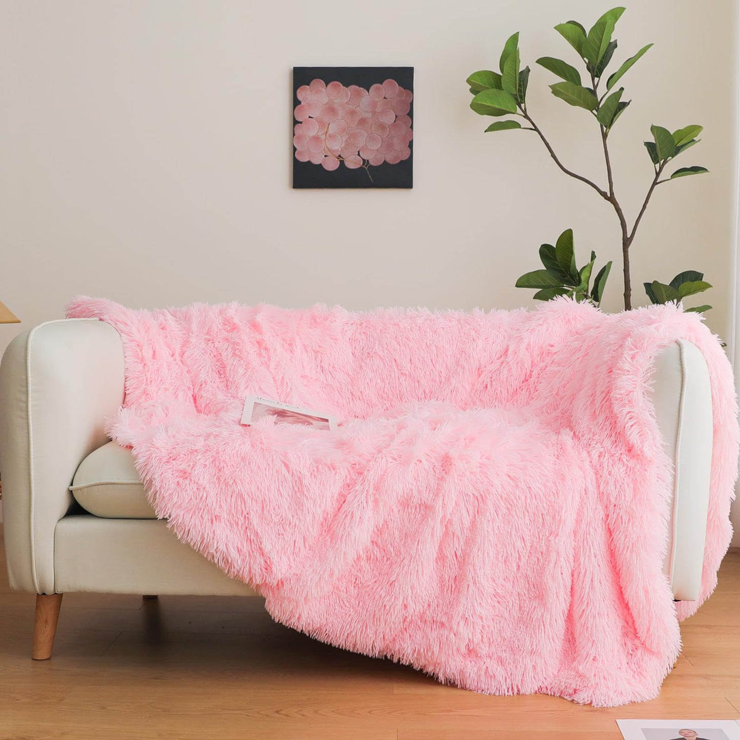 Pink Faux Fur Throw Blanket, 50" x 60" Fluffy Shaggy Plush Decorative Couch Blanket, Cute Furry Throw for Kids, Women, Men, Teen Girls
