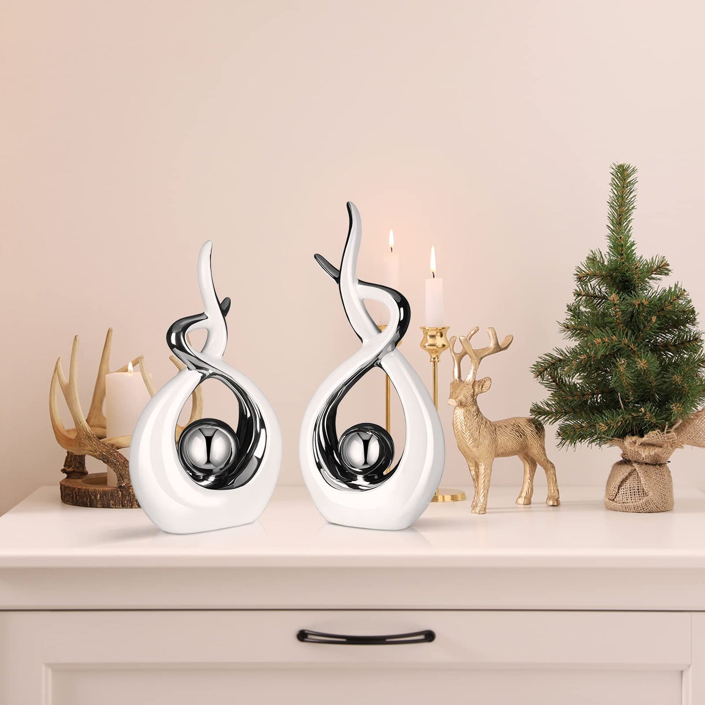 2 Pcs Modern Room Ceramic Decor Center Pieces Table Decorations Ceramic Statue Coffee Table Decor Centerpiece for Home Office Coffee Living Room, 2 Size(White, Silver)