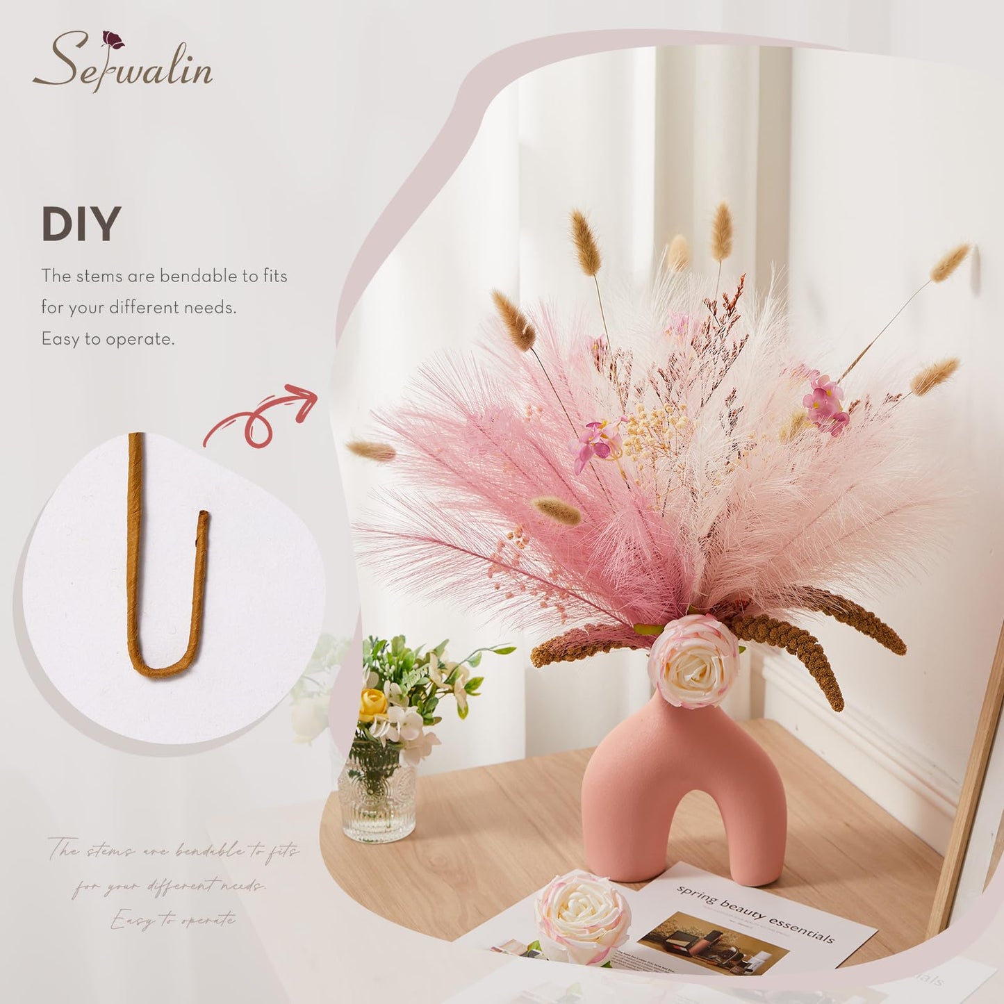 Serwalin 60 Pcs Pink Pampas Grass Decor, 17.7" Faux Pampas Grass, Short Artificial Fluffy Pompas Grass Vase Filler Flower Arrangement for Boho Home Wedding Living Room Wall Party Decoration