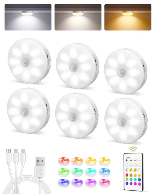 EZVALO 6-Pack Under Cabinet Lighting, Rechargeable Motion Sensor Puck Lights with Remote, 3 Color Temps &12 RGB LED Night Light, Magnetic Stick on Light, Dimmable Under Counter Lights for Kitchen