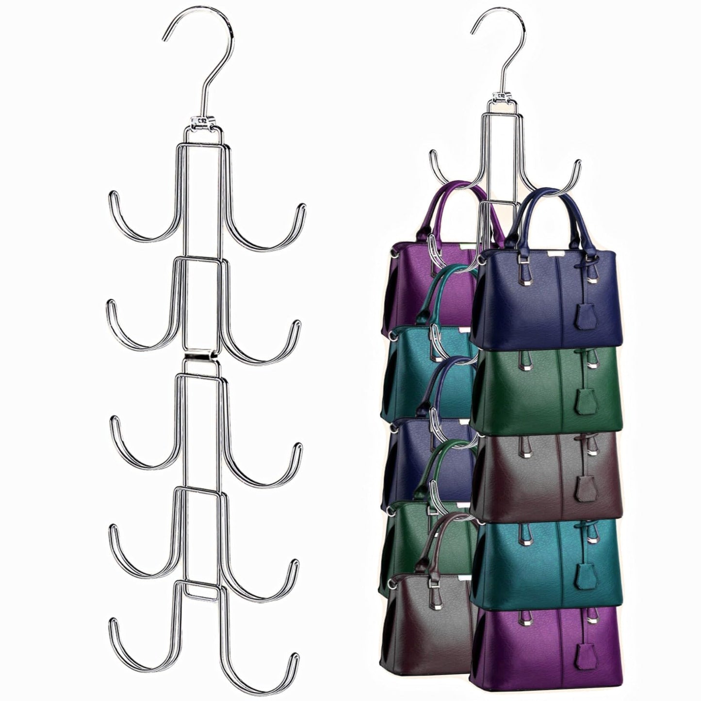 Purse Organizer for Closet, Bag Organizer with 10 Big Hooks, 360 Degree Rotation Purse Hanger for Display, Collapsible Space Saving Hangers Rack for Handbag, Belt, Scarve, Tie