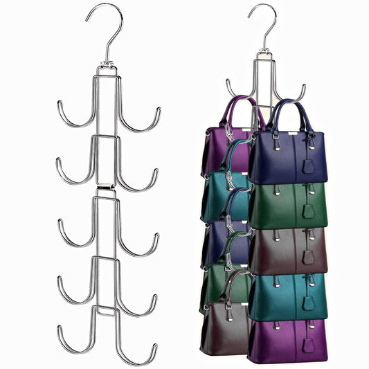 Purse Organizer for Closet, Bag Organizer with 10 Big Hooks, 360 Degree Rotation Purse Hanger for Display, Collapsible Space Saving Hangers Rack for Handbag, Belt, Scarve, Tie