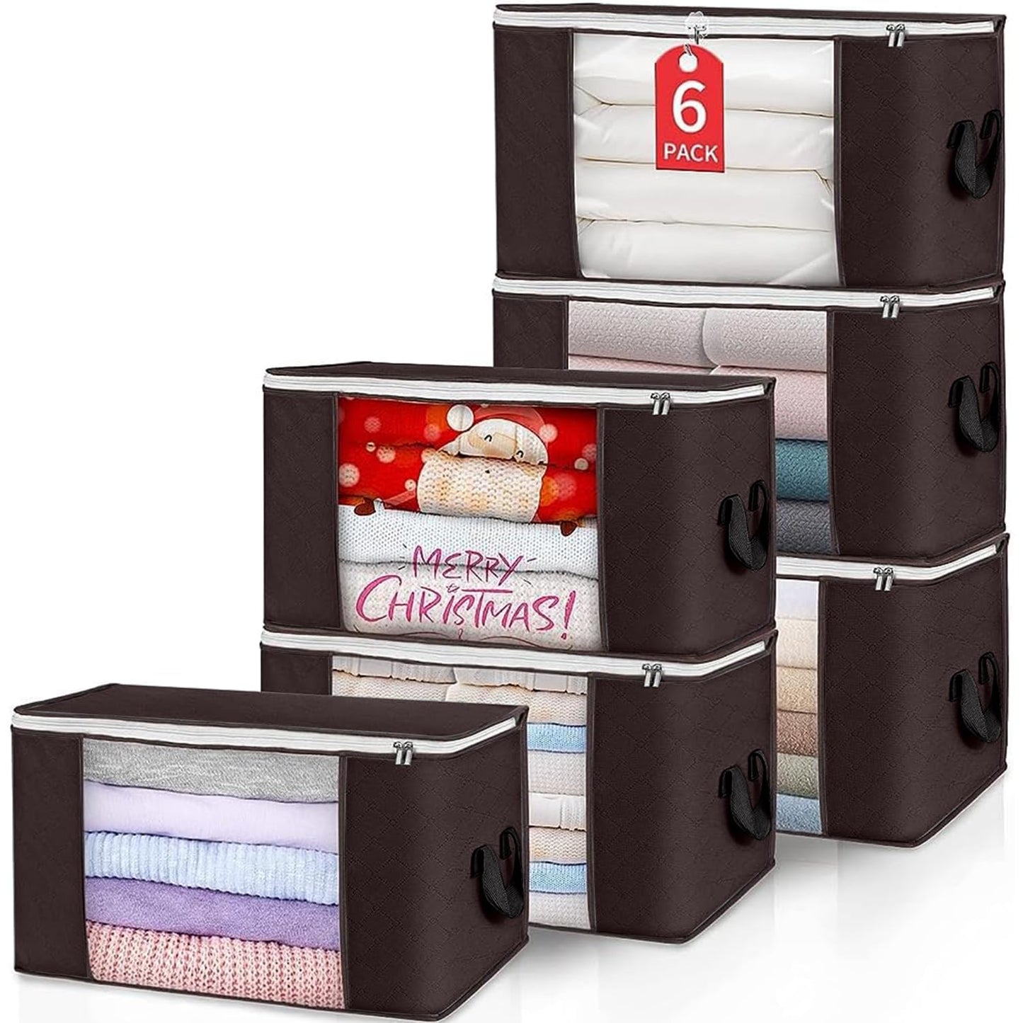 Budding Joy Clothes Storage, Foldable Large Storage Bags, Storage and Organization for Clothing, Blanket, Comforter, Clothes, Pillows, Closet Organizers with Enhanced Handle, 60L 6 Pack Brown