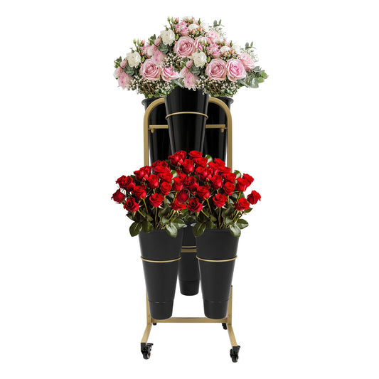 Fichiouy Mobile Flower Display Shelf with 6 Plastic Buckets, Rolling Heavy Duty Metal Plant Stand Flower Bucket Stand with Wheels,2 Tiers Flower Cart(Gold+Black)
