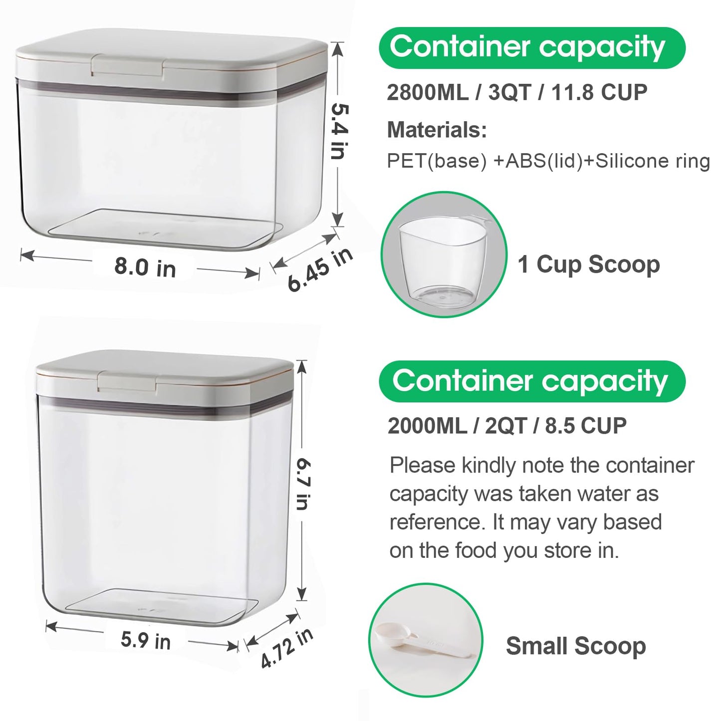 2 Pack Large Dog Treat Container Bins 2 Qt + 3 Qt with One-Press Flip-up Lid, Airtight Pet Dog Cat Treat Jar for Countertop, Pet Biscuit Canister Cookie Holder