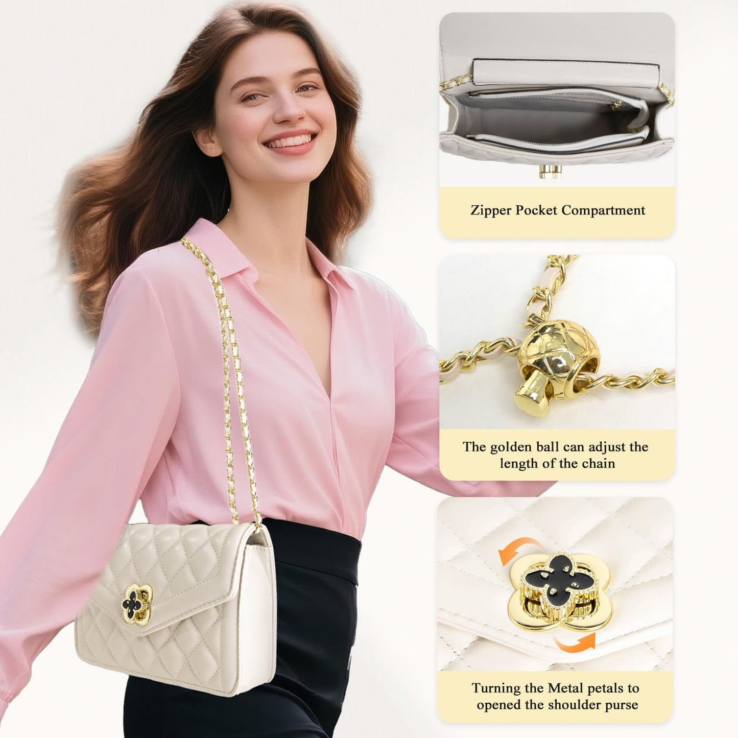 ZWI-player Quilted Leather Crossbody Bags for Women Trendy Ladies Shoulder Purse Satchel HandBag with Chain Strap (White)