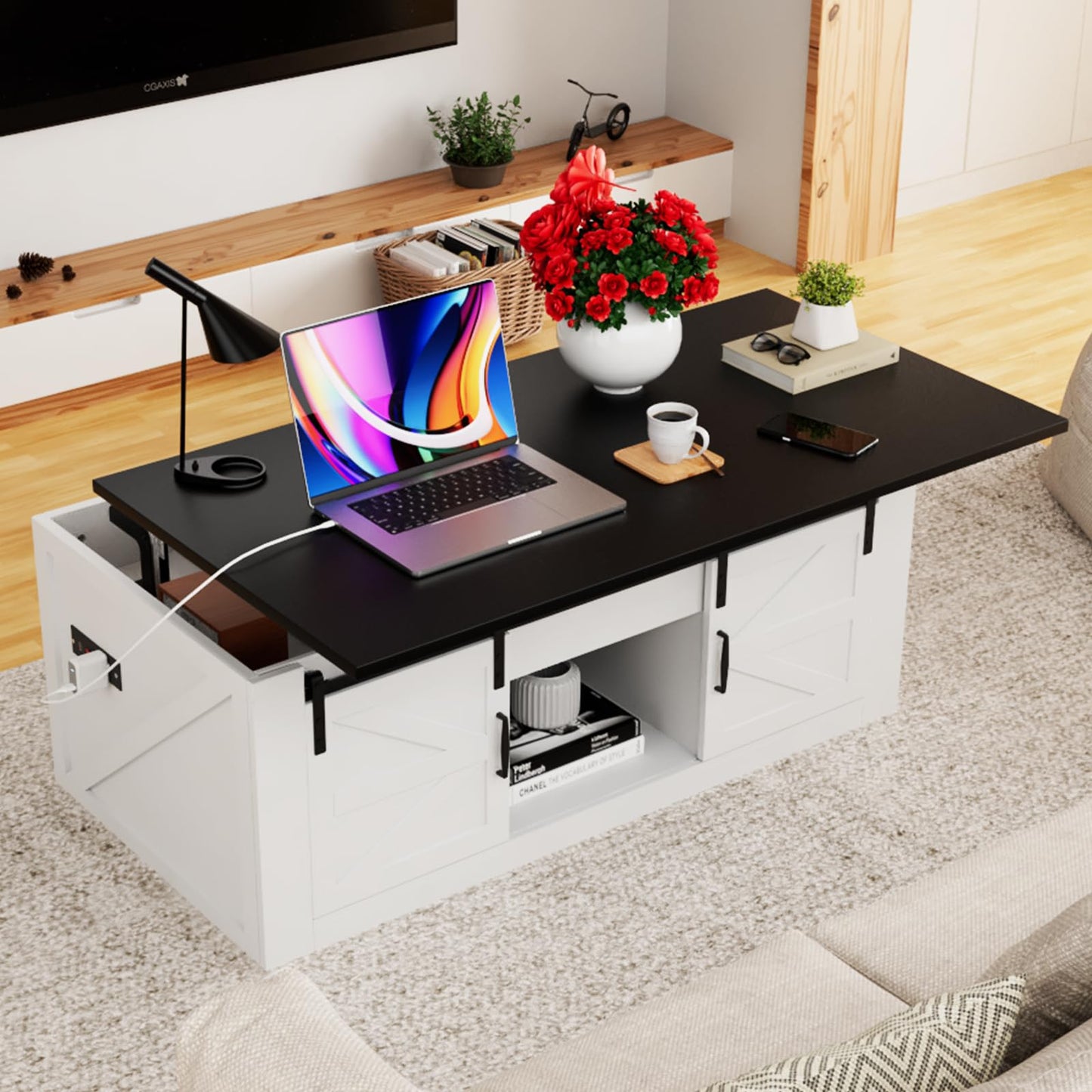 HPWLYQ 48" Lift Top Coffee Table with Storage & Power Outlets, Farmhouse Coffee Table with Sliding Barn Doors, Wood Square Center Table for Living Room Office Black