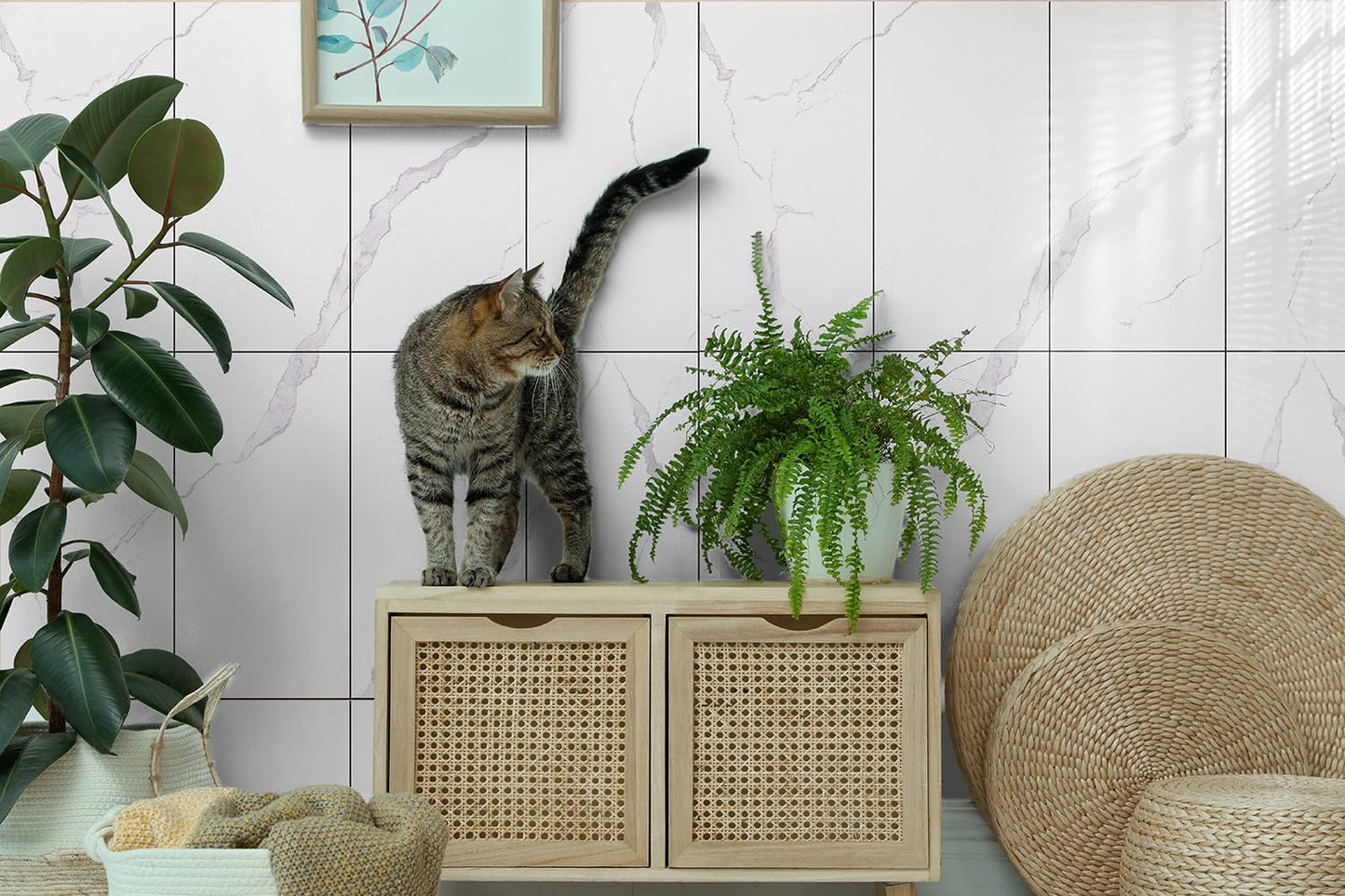 10-Pack Peel and Stick White Marble Wall Panels (11.8" x 23.6") – 19.4 Sq. Ft. Waterproof PVC Tiles for Kitchen, Bathroom, Living Room & Accent Walls – Heat-Resistant Self-Adhesive Backsplash Tiles