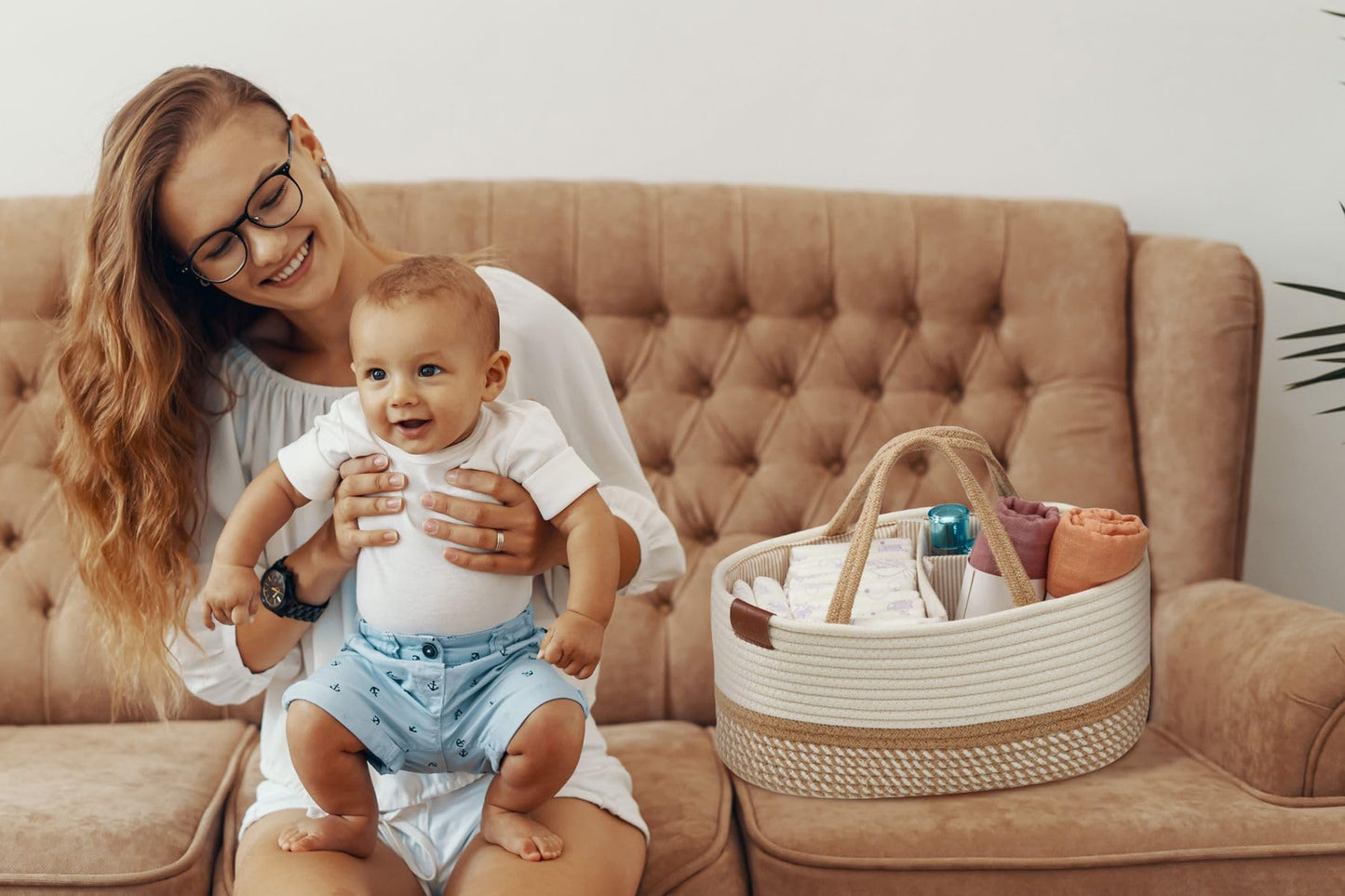 DECOMOMO Baby Caddy Organizer, Diaper Caddy Basket, Baskets for Baby Shower Gifts (Spiral Beige & White, Extra Large)
