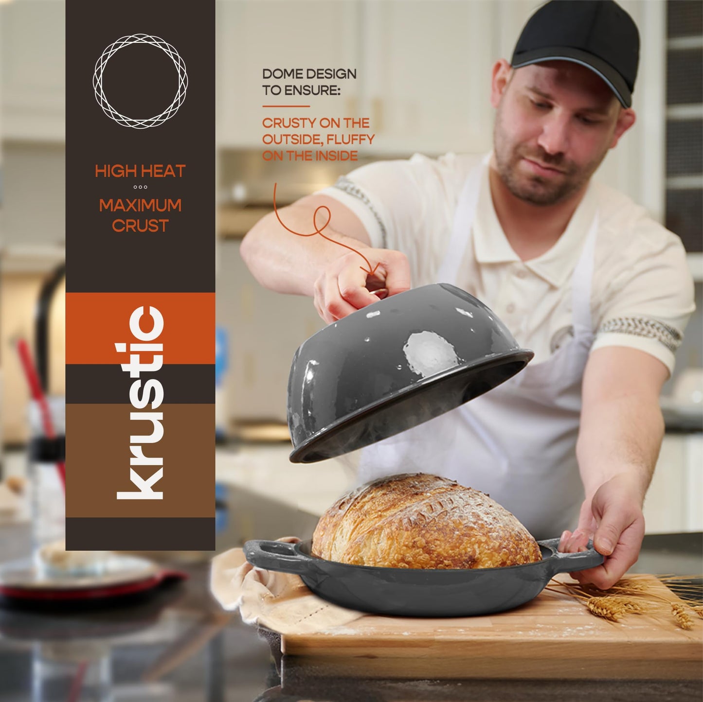 Krustic Enameled Cast Iron Dutch Oven for Sourdough Bread Baking | 6 Quart Pot with Lid | 10 Inch Ceramic Enamel Thick Coated Cookware Set with Non Stick Silicone Baking Mat for Cooking (Grey)