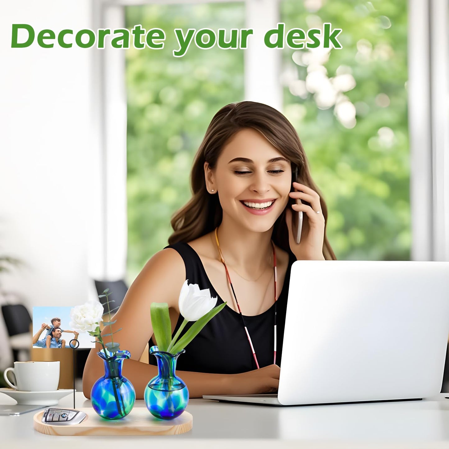 Pozfun Tabletop Hand Blown Glass Plant Propagation Stations Planter Terrarium with Wooden Jewelry Tray and Photo Holder Hydroponic Plants Centerpiece Office Home Garden Decor