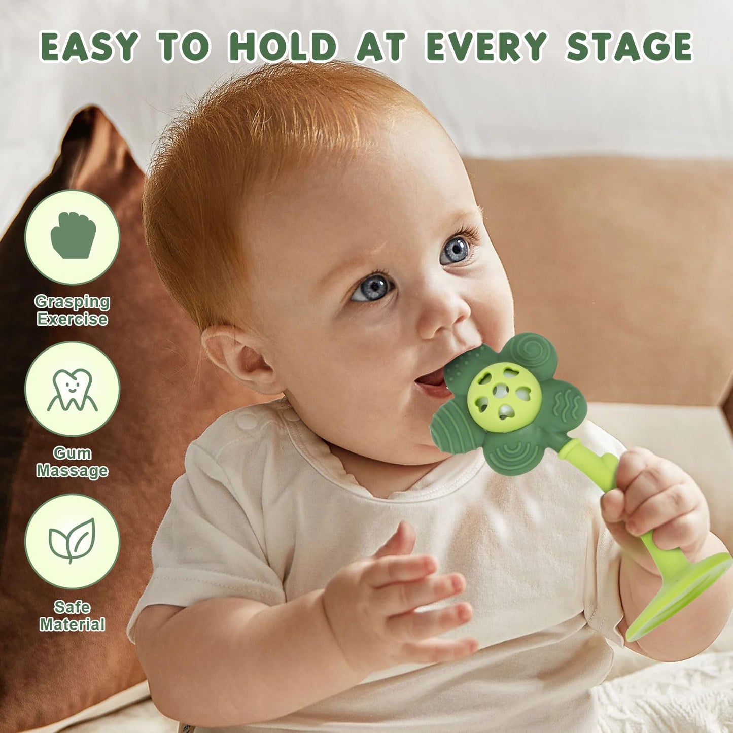 Baby Teething Toys and Rattle 2-in-1 for Babies 0-6 6-12 Months, Food Grade Silicone Teethers for Baies 3-6 Months, Infant Teething Relief Chew Toys, Sunnyflower Teether Toy BPA Free - Green