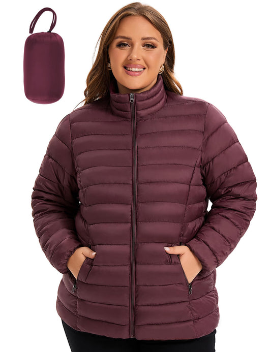 ANOTHER CHOICE Plus Size Puffer Jacket for Women, Lightweight Packable Stand Collar Winter Puffer Coat, Wine, 3X