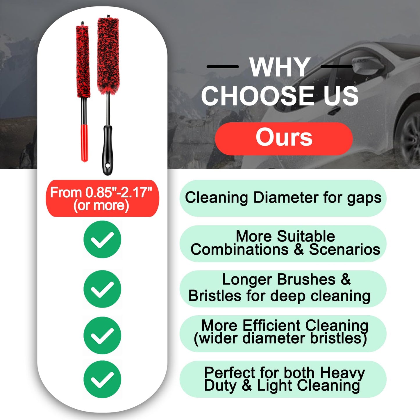Fitosy Car Wheel Rim Tire Brush Set, Detailing Wash Kit, Long Soft Detail Brushes Accessories Tool for Automotive Cleaning Wheels, Interior,Exterior,Dirty Tires