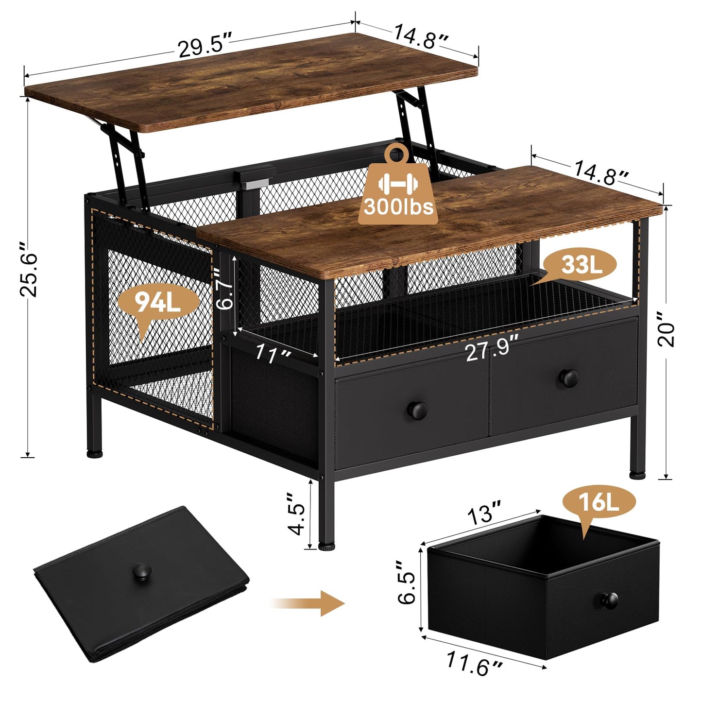 FABATO Lift Top Coffee Table, Square Coffee Table Metal Wood, Farmhouse Lift Up Coffee Tables Cocktail Table with Wire Mesh Barn Door and Storage, Steel Frame, Small Tea Table for Living Room, Black