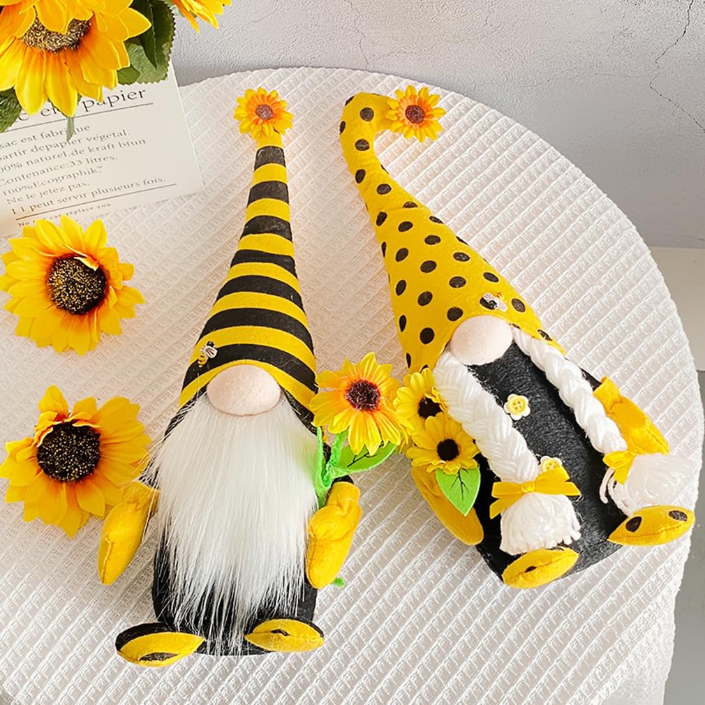 AMOH JERCY Tall Sunflower Gnome Set – 2PCS 15” & 14” Bee Plush Scandinavian Gnomes, Rustic Farmhouse Spring & Summer Decor, Tiered Tray & Mantel Decorations, Housewarming Gift, Party Table Centerpiece