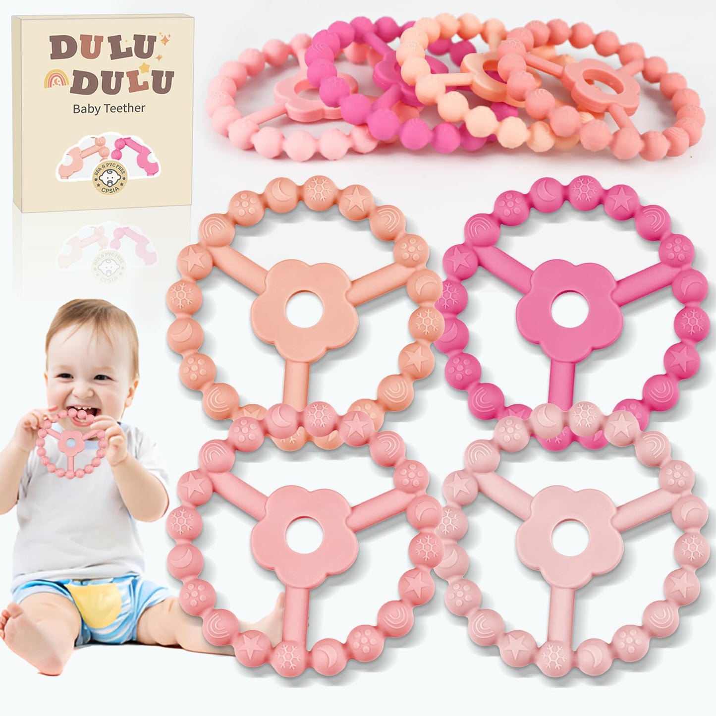 duludulu 4 Pack Silicone Baby Teething Toys, Teething Rings for Babies 0-6 6-12 Months Newborn Baby Teethers Girl Relief Soothe Baby's Gums Infant Toys Gifts Baby Girls Boys Sweet Pink
