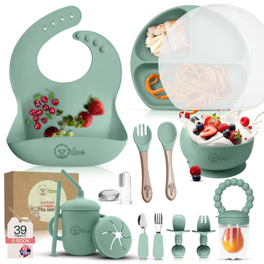 O'doe 17-Piece BPA-Free Silicone Baby Feeding Set | Thick & Soft Suction Plates, Baby Bowls, Wooden Fork & Spoon, and More | Make Mealtime Fun and Easy for Your Little One (Green, V2)