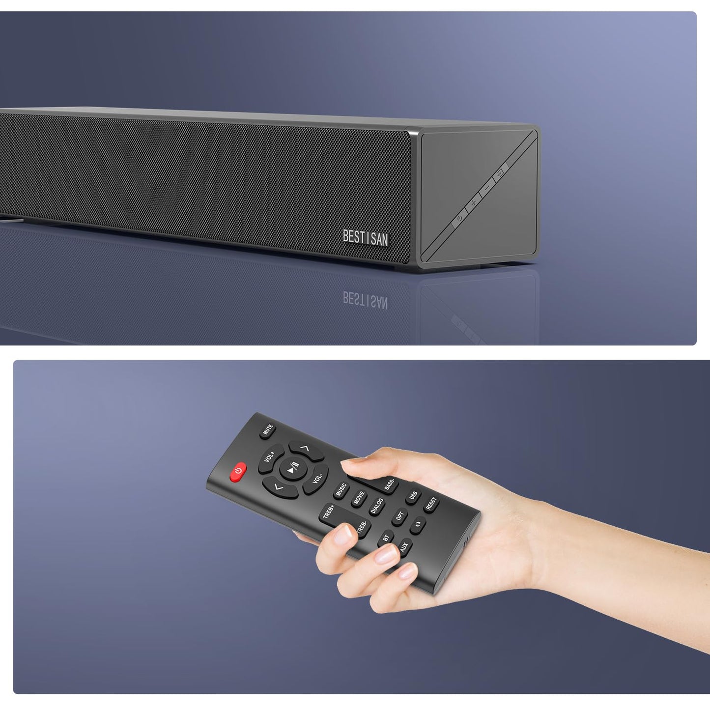 BESTISAN Sound Bars for TV, 16.5 Inches Sound Bar with Optical, AUX, USB and Bluetooth Inputs, Soundbar for TV(DSP, TREB and Bass Adjustable, Cyclic Switching Mode，Reset Function