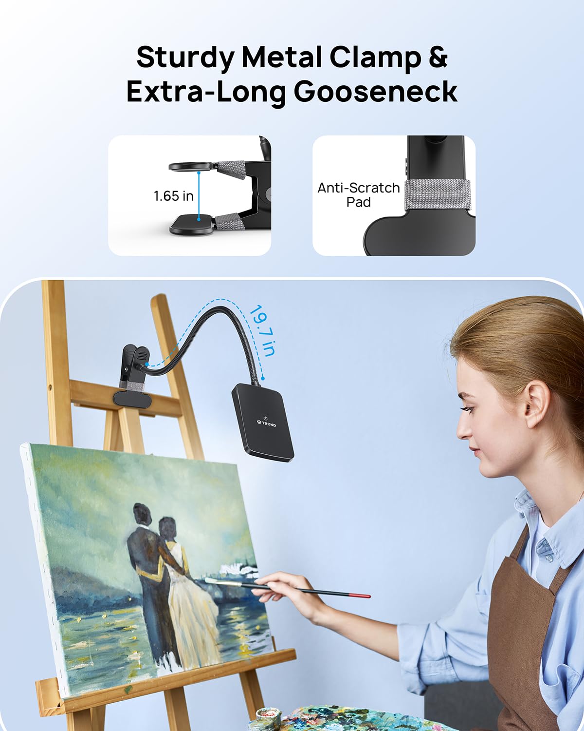 TROND LED Desk Lamp with Clamp, 1000LM Super Bright 3-Level Dimmable Desk Light 6000K Daylight, Extra-Long Flexible Gooseneck Clip on Light, Eye-Care Clamp Lamp for Painting, Workbench,Reading, Sewing