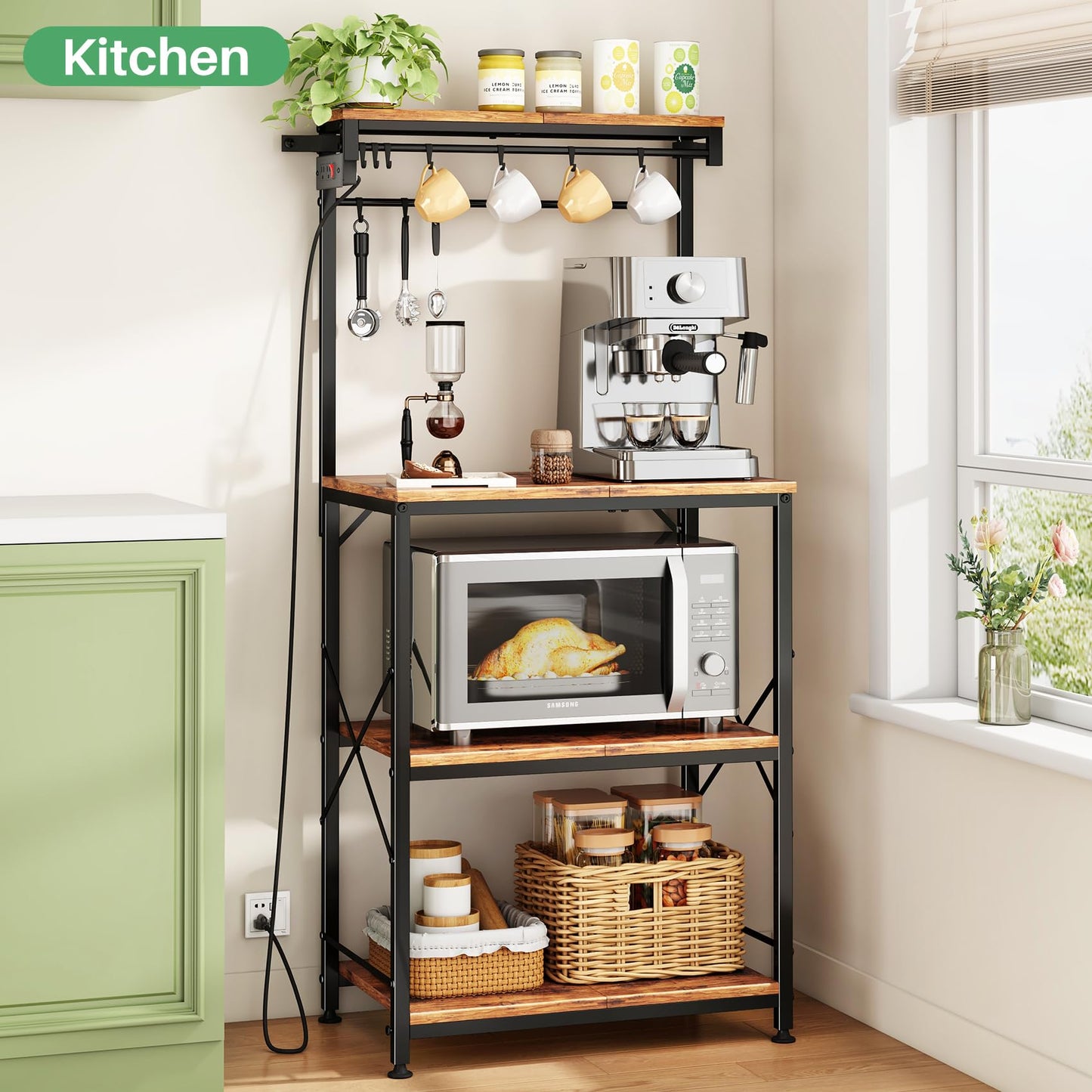 Kitchen Bakers Rack with Power Outlet 10 Hooks, 4 Tiers Coffee Bar Station Cabinet, Microwave Stand with Storage (Rustic Brown, 21.7 x 14.2 x 49.6 Inch)