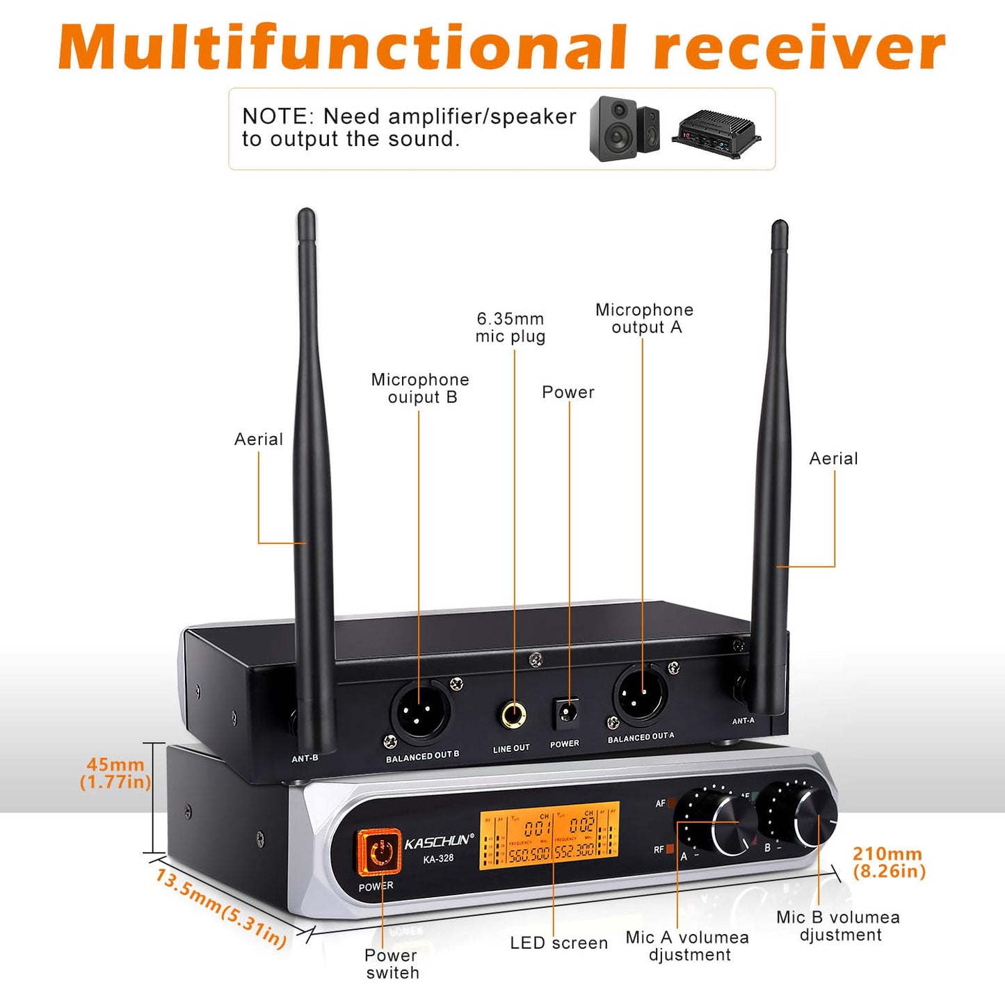 Kaschun Wireless Microphone, Professional Cordless Dynamic Wireless Microphone System, Microfono Inalambrico Professional,100ft Range, Suitable for DJ, Church, Karaoke, Home and KTV (KA-328)