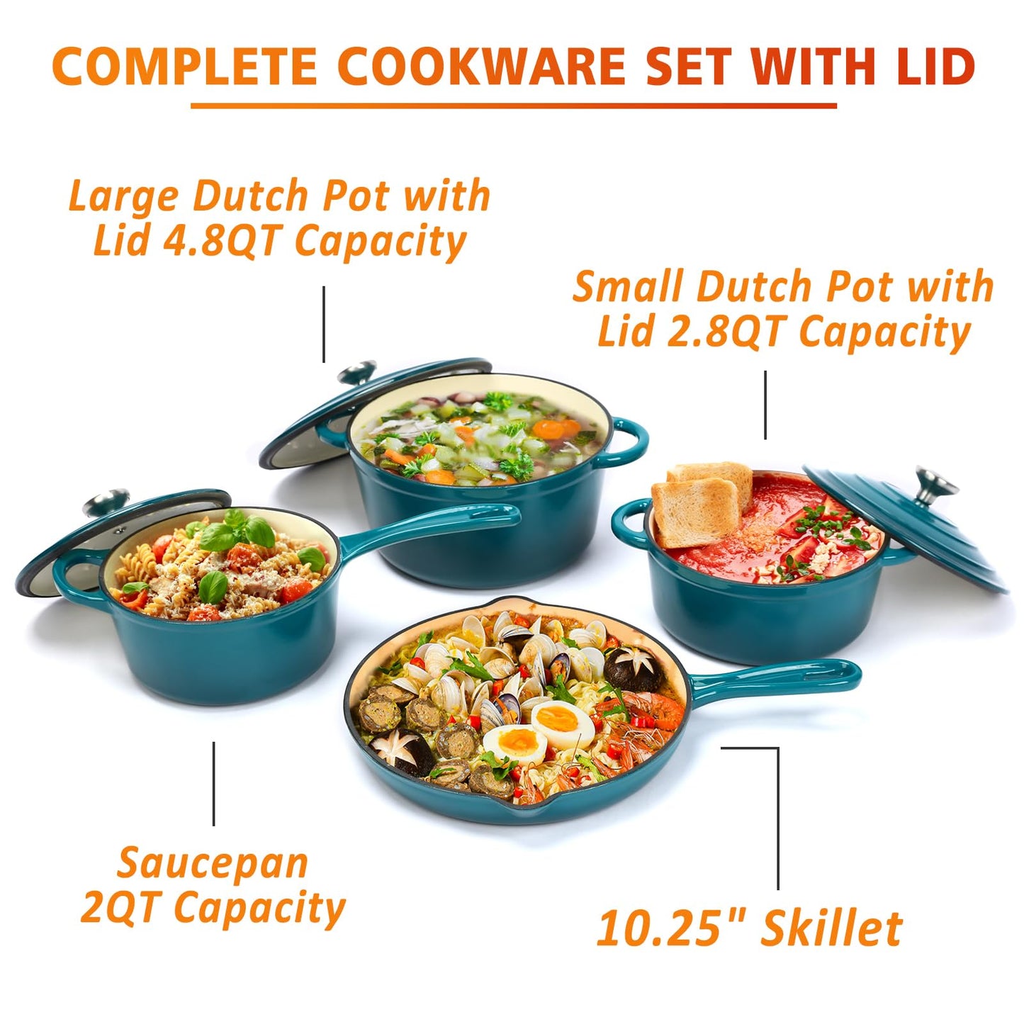 Hisencn 7-Piece Enameled Cast Iron Cookware Set-Dutch Ovens, Skillet & Saucepan with Lids- Ceramic Coated, Heavy Duty, Gas/Induction Compatible, Oven Safe to 550°F, PFOA-Free, Biscay Blue