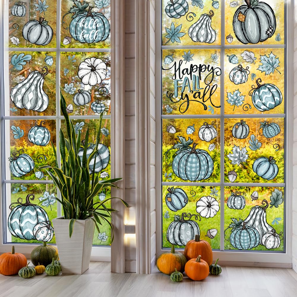 YUJUN 6 Sheets Thanksgiving Fall Window Clings, Pumpkin Maple Leaves Blue Oil Painting Decals Stickers for Autumn Glass Home Decor and Fall Decoration