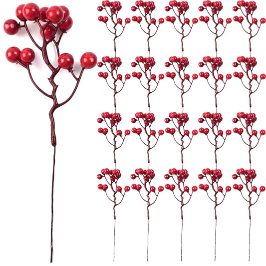 TIHOOD 25PCS Artificial Red Berry Stems 7.8inch Christmas Red Berry Picks Holly Berry Branches for Christmas Tree Decorations DIY Crafts Xmas Ornaments Wedding Holiday Home Decor