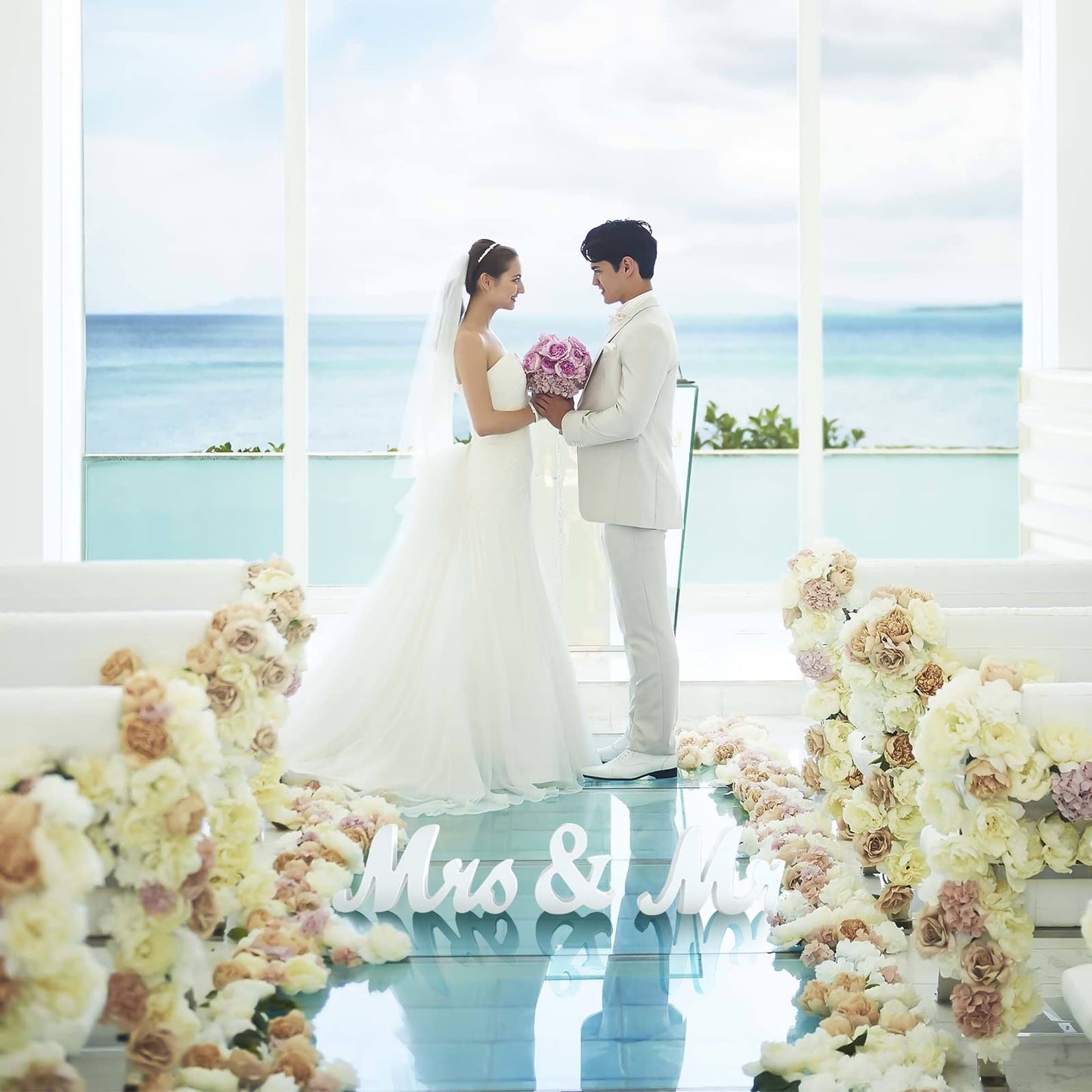 Large White Wooden Mr & Mrs Sign with Just Married Banner White Sweetheart Table Decorations & Photo Props for Anniversary Parties