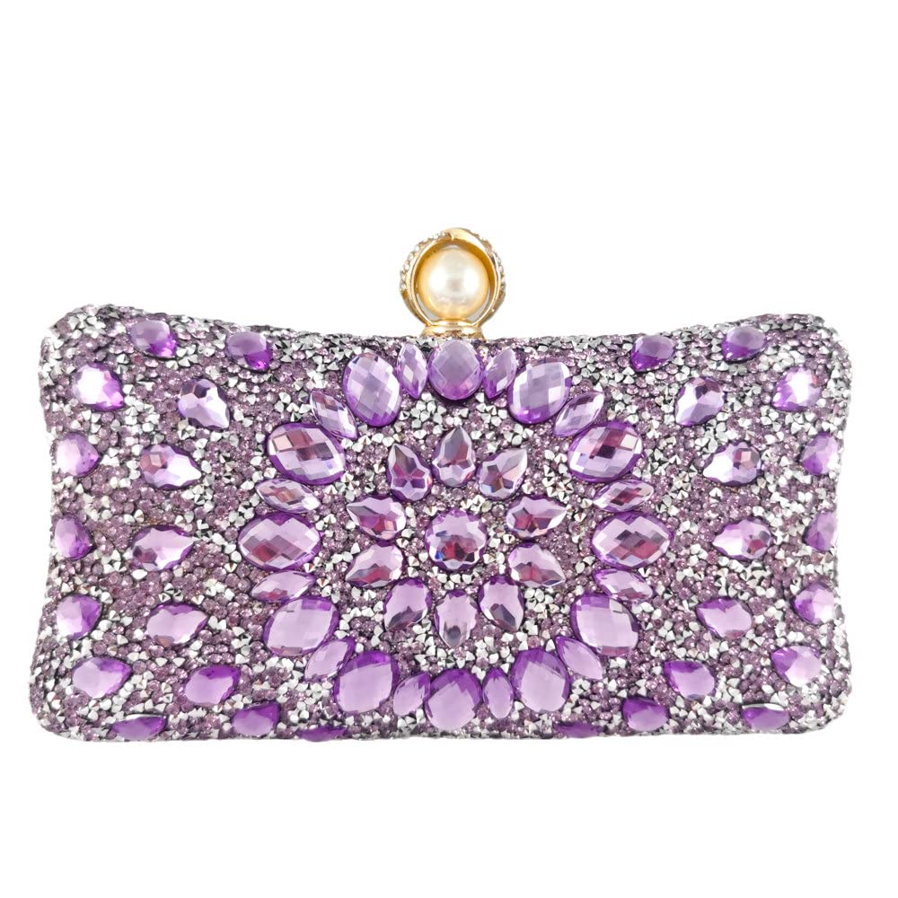 Boutique De FGG Pearl Clasp Crystal Clutch Purses for Women Evening Bags Wedding Handbag Party Rhinestone Clutch Bag,Mini,Light Purple