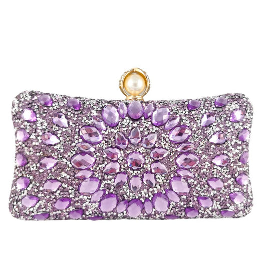 Boutique De FGG Pearl Clasp Crystal Clutch Purses for Women Evening Bags Wedding Handbag Party Rhinestone Clutch Bag,Mini,Light Purple