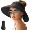 NPJY Sun Hats for Women Wide Brim Roll-Up Beach Ponytail Hat Packable Foldable Travel Straw Visor