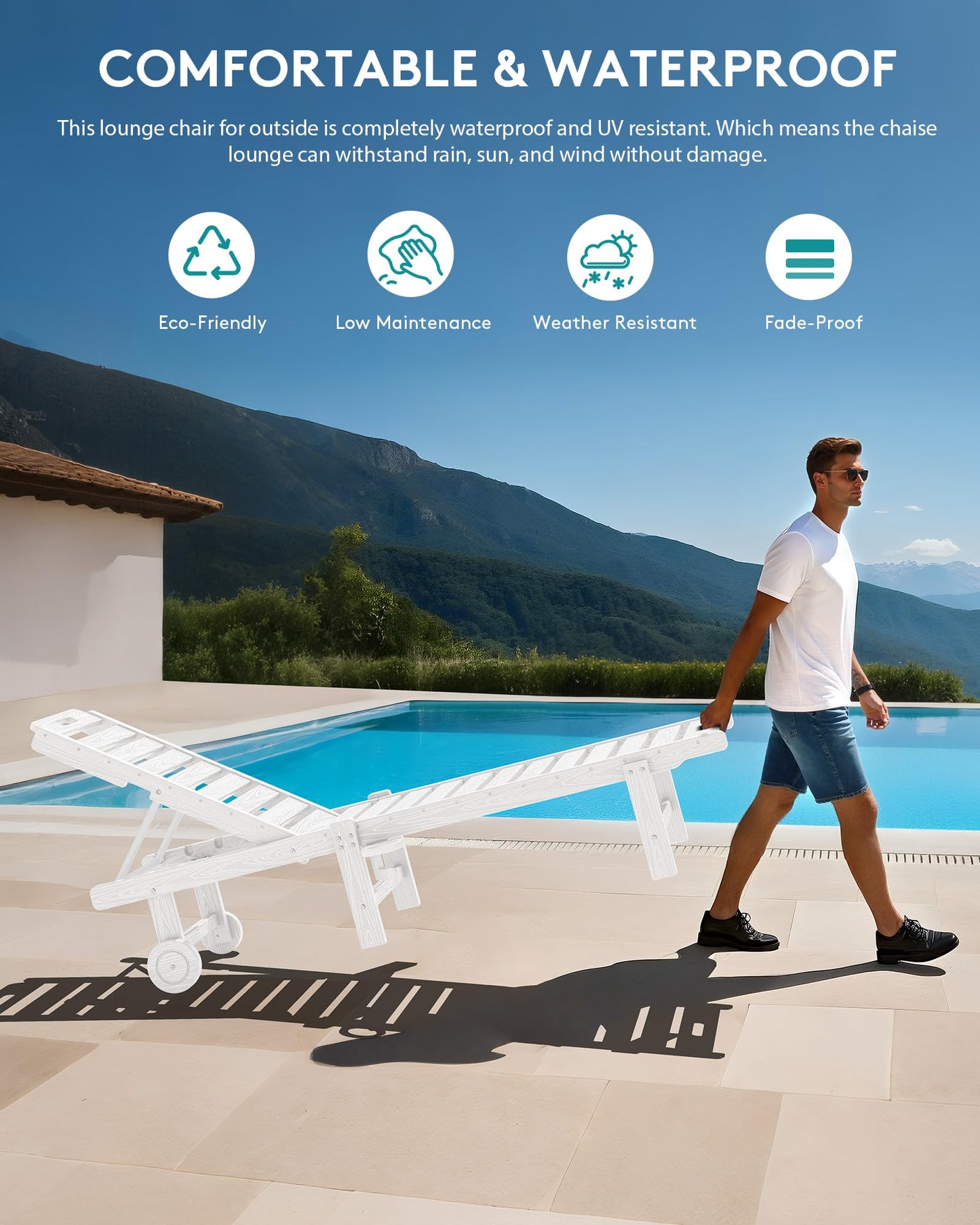 SERWALL Patio Chaise Lounge Set of 2, HDPE Outdoor Lounge Chair with Cup Holder, 5 Positions Adjustable Pool Lounge Chair with Rolling Wheels for Poolside, Deck, Sunbathing, White