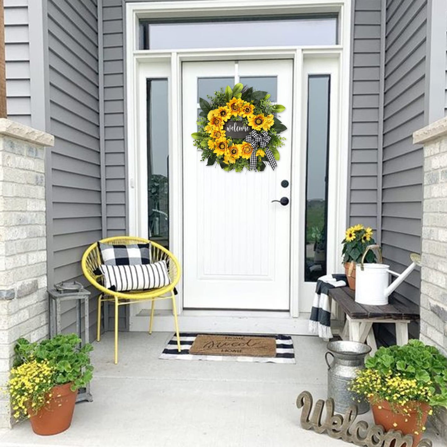 Sunflower Wreath with Welcome,Spring Summer Wreath for Front Door, Unique Housewarming Gift,mother'day Gift,Farmhouse Porch Decor,Sunflower Wall Decor,Wedding Favors,Year Round wreaths-20inch