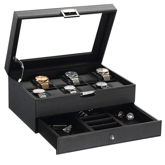 BEWISHOME Watch Box Organizer 12 Slot Watch Case with Valet Drawer, Mens Watch Display Cases for Men with Real Glass Top, 2-Layer Watch Hoder, Metal Hinge, Carbon Fiber Design, Black SSH02C
