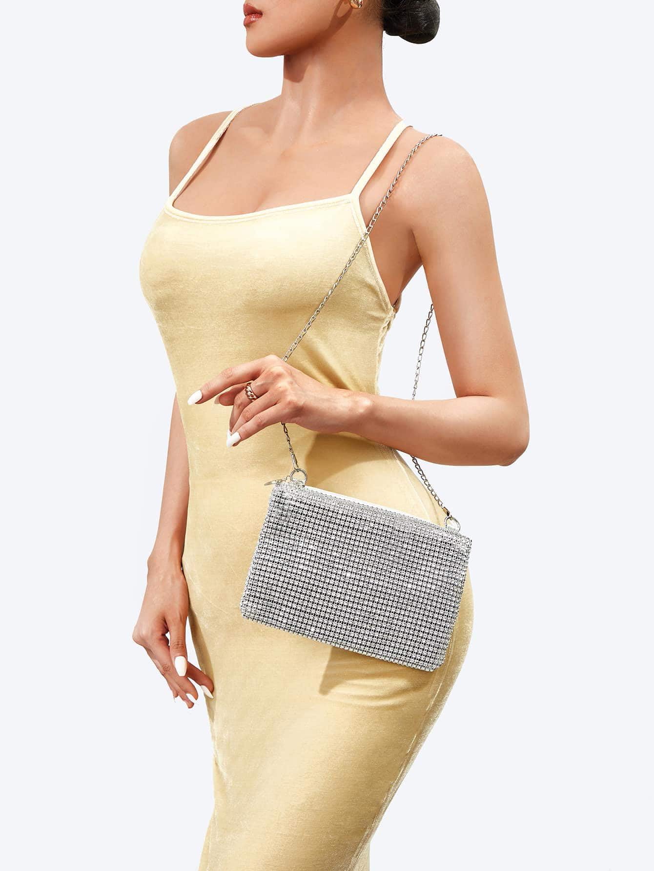 Verdusa Women's Shiny Mini Rhinestone Square Bag Sparkle Clutch Purse Wedding Evening Party Handbags Silver One-Size