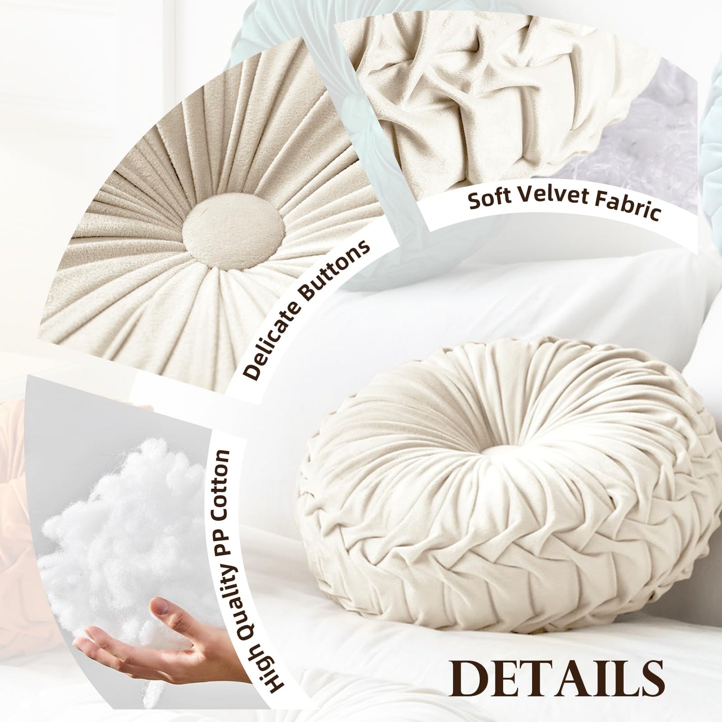 Teieas Round Throw Pillow Velvet Home Decoration Pleated Round Pillow Cushion for Couch Chair Bed Car (Brown)